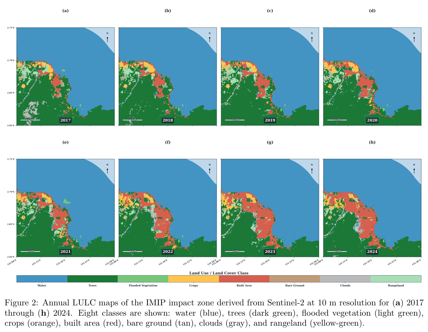 Annual LULC maps of the IMIP impact zone derived from Sentinel-2 at 10 m resolution for (a) 2017 through (h) 2024.