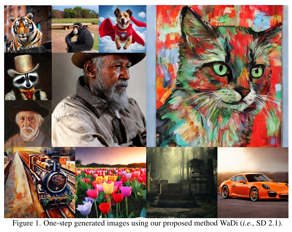 One-step generated images using our proposed method WaDi (i.e., SD 2.1)