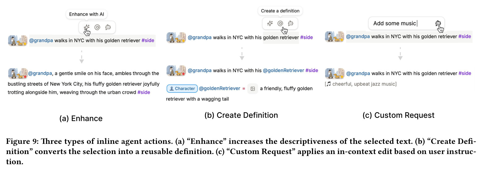Three types of inline agent actions: Enhance, Create Definition, Custom Request.