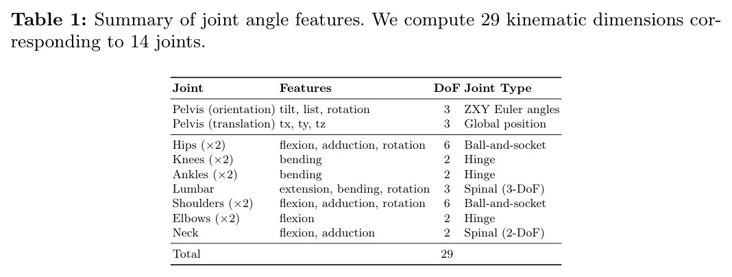 Summary of joint angle features.