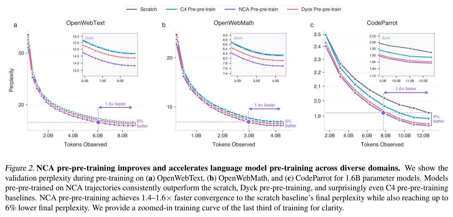 NCA pre-pre-training improves and accelerates language model pre-training across diverse domains. (1.6B 模型在 OpenWebText、OpenWebMath、CodeParrot 三个下游域的 validation perplexity 训练曲线,含 NCA / C4 / Dyck / Scratch 四个条件及对应收敛加速比与最终困惑度改进。) 