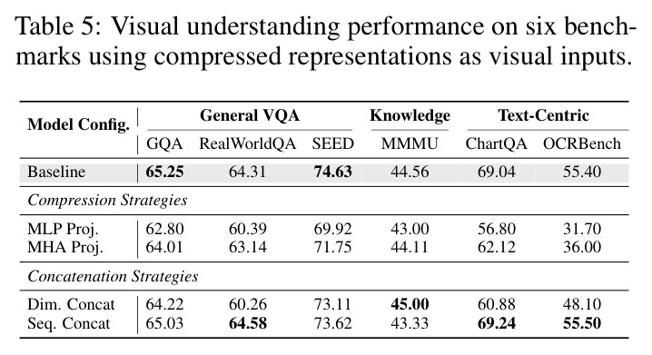 Visual understanding performance on six benchmarks using compressed representations as visual inputs.