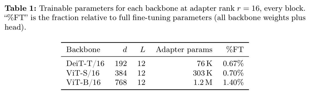 Trainable parameters for each backbone at adapter rank r = 16, every block.