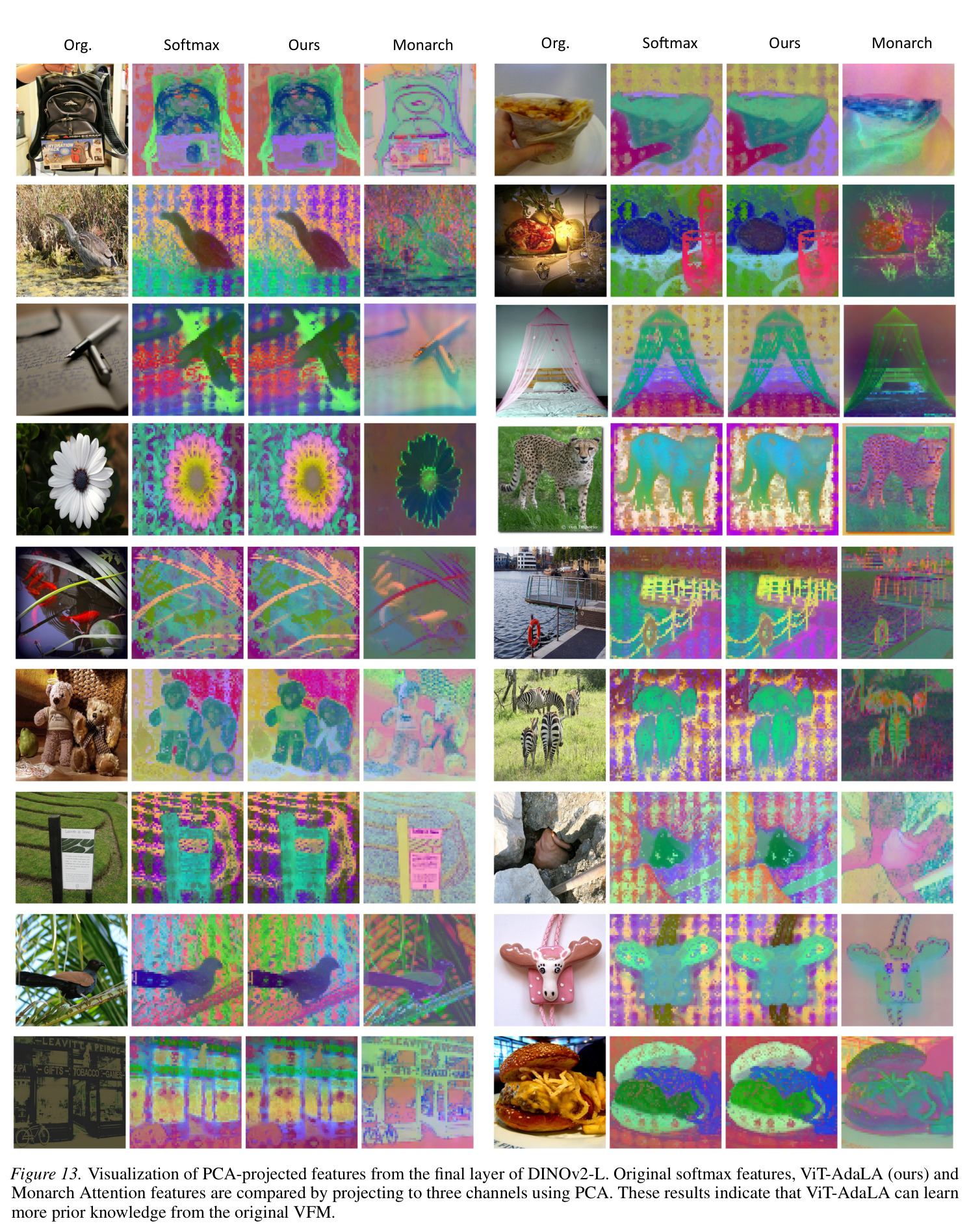 Visualization of PCA-projected features from the final layer of DINOv2-L comparison with Monarch