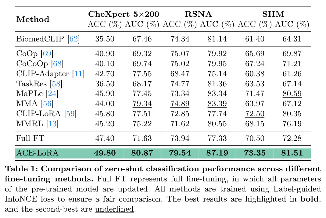 Comparison of zero-shot classification performance across different fine-tuning methods
