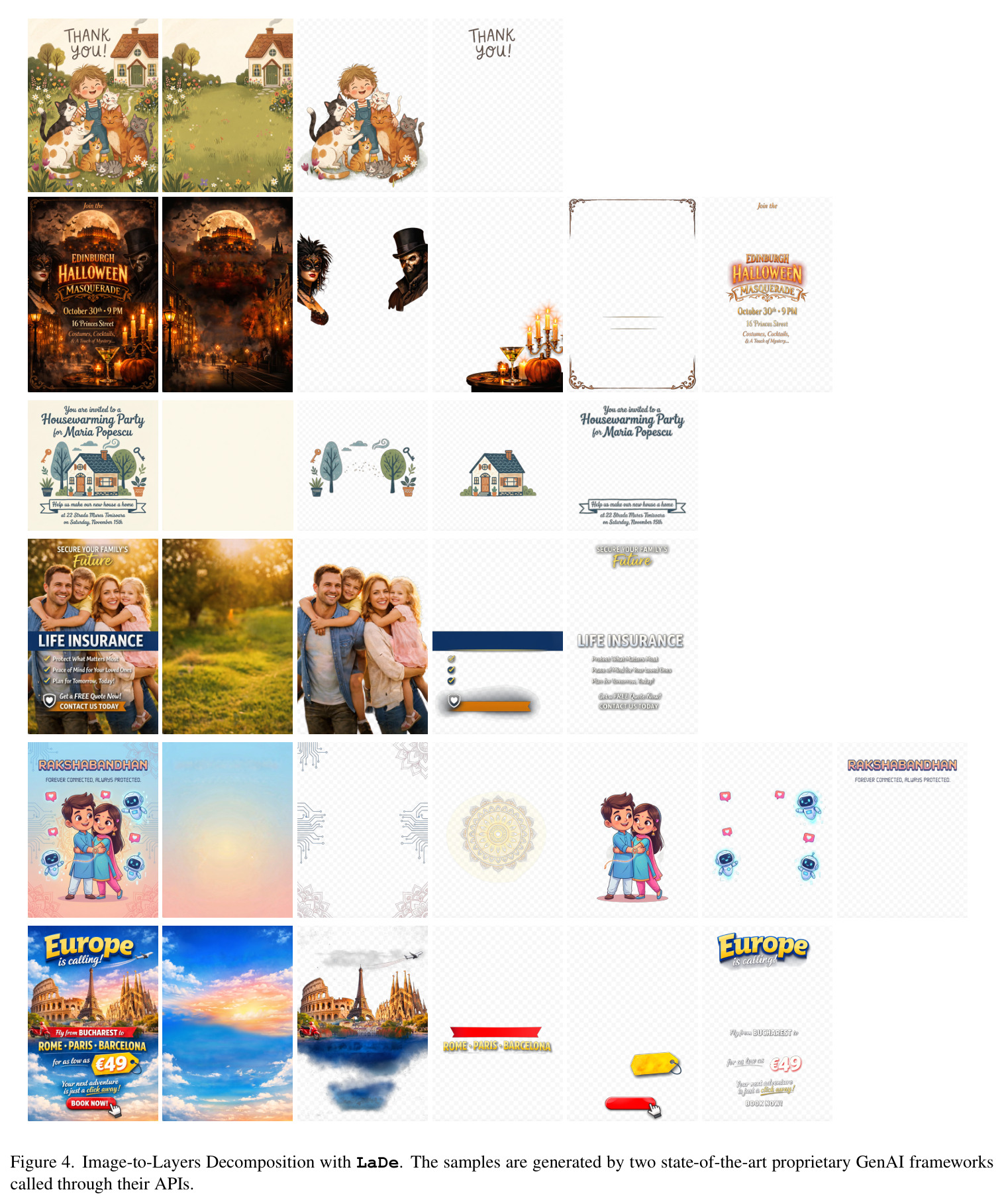 A sample of our training set that contains the media design along with its composing layers. We employ InternVL3 [31] to obtain captions for the media design and the layers.