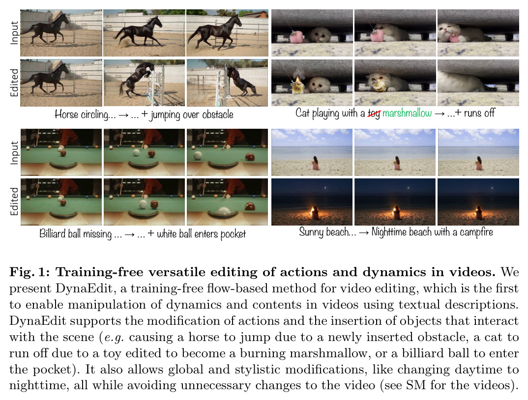 Training-free versatile editing of actions and dynamics in videos