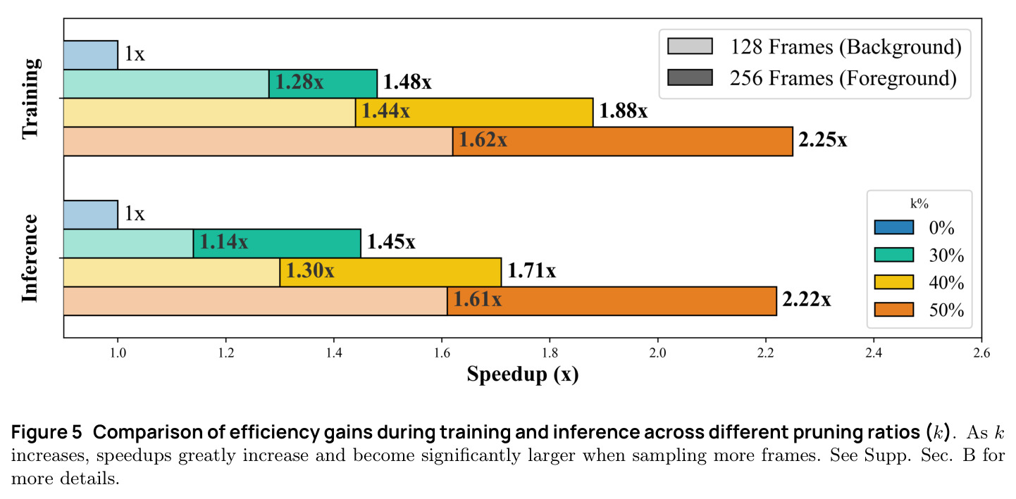 Comparison of efficiency gains during training and inference across different pruning ratios