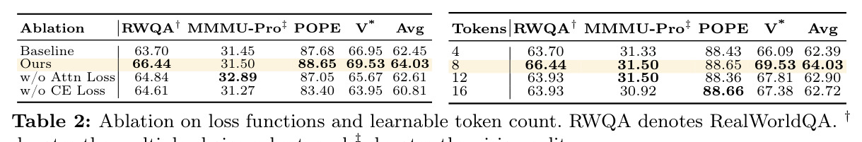 Ablation on loss functions and learnable token count