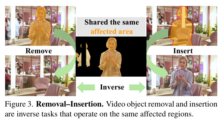 Removal-Insertion. Video object removal and insertion are inverse tasks that operate on the same affected regions.