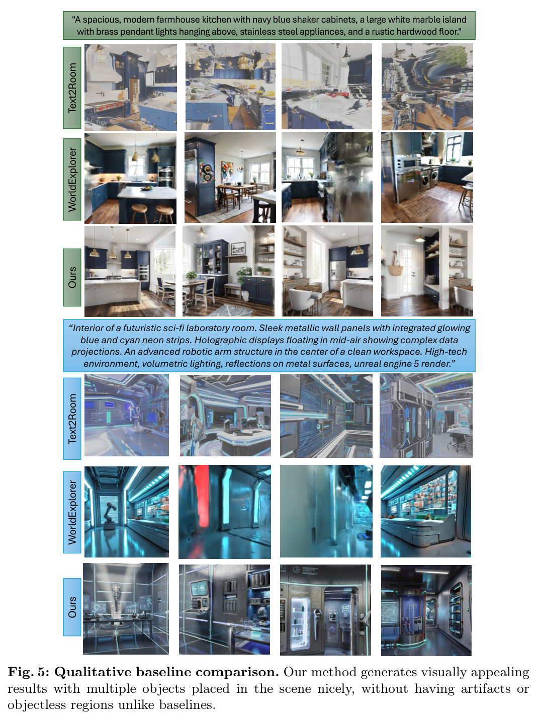 Qualitative baseline comparison with Text2Room and WorldExplorer