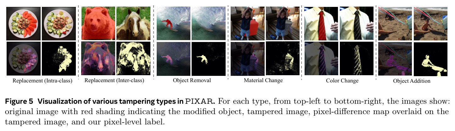 Visualization of various tampering types in PIXAR