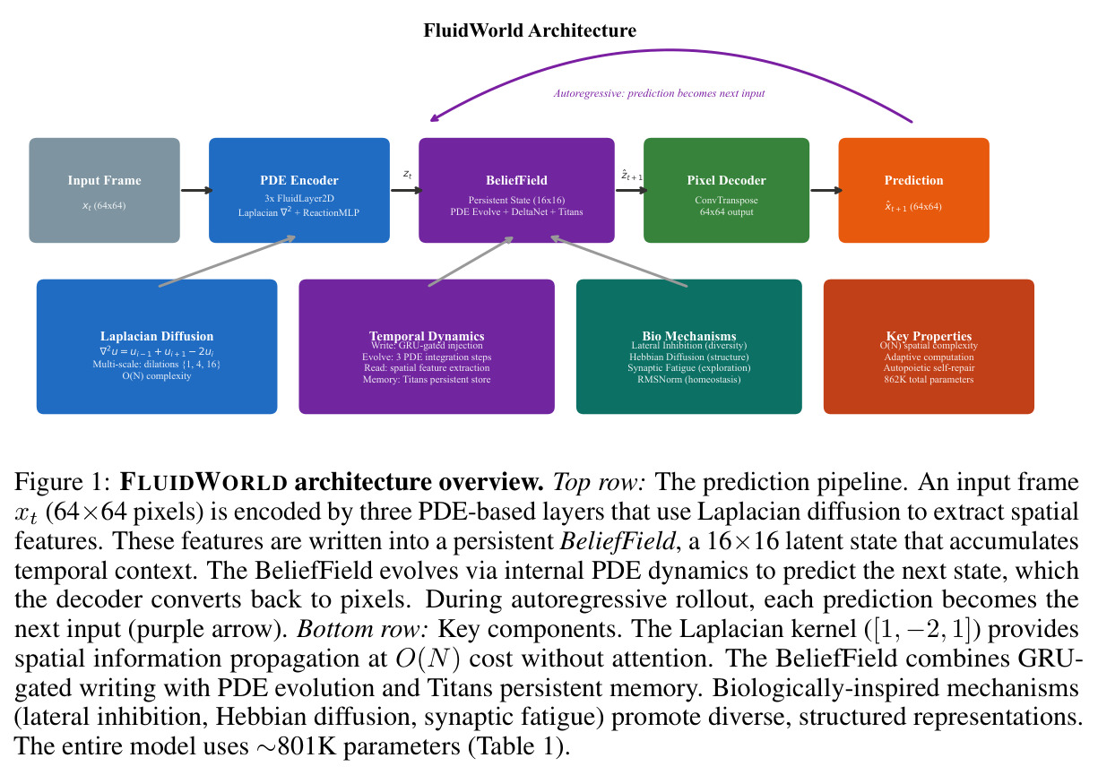 FLUIDWORLD architecture overview. Top row: The prediction pipeline...