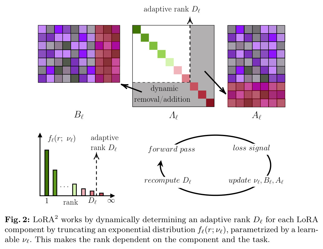 LoRA2 works by dynamically determining an adaptive rank Dℓ for each LoRA component by truncating an exponential distribution fℓ(r; νℓ), parametrized by a learnable νℓ. This makes the rank dependent on the component and the task.