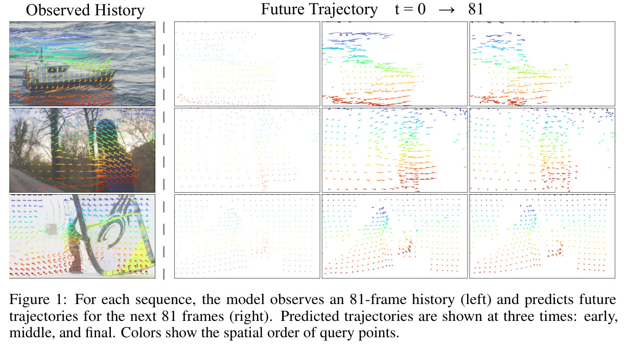 For each sequence, the model observes an 81-frame history (left) and predicts future trajectories for the next 81 frames (right). Predicted trajectories are shown at three times: early, middle, and final. Colors show the spatial order of query points.