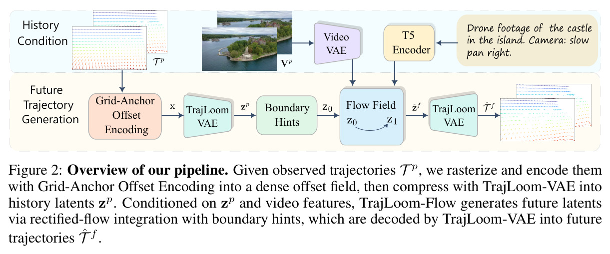 Overview of our pipeline. Given observed trajectories T p, we rasterize and encode them with Grid-Anchor Offset Encoding into a dense offset field, then compress with TrajLoom-VAE into history latents zp. Conditioned on zp and video features, TrajLoom-Flow generates future latents via rectified-flow integration with boundary hints, which are decoded by TrajLoom-VAE into future trajectories ˆT f.