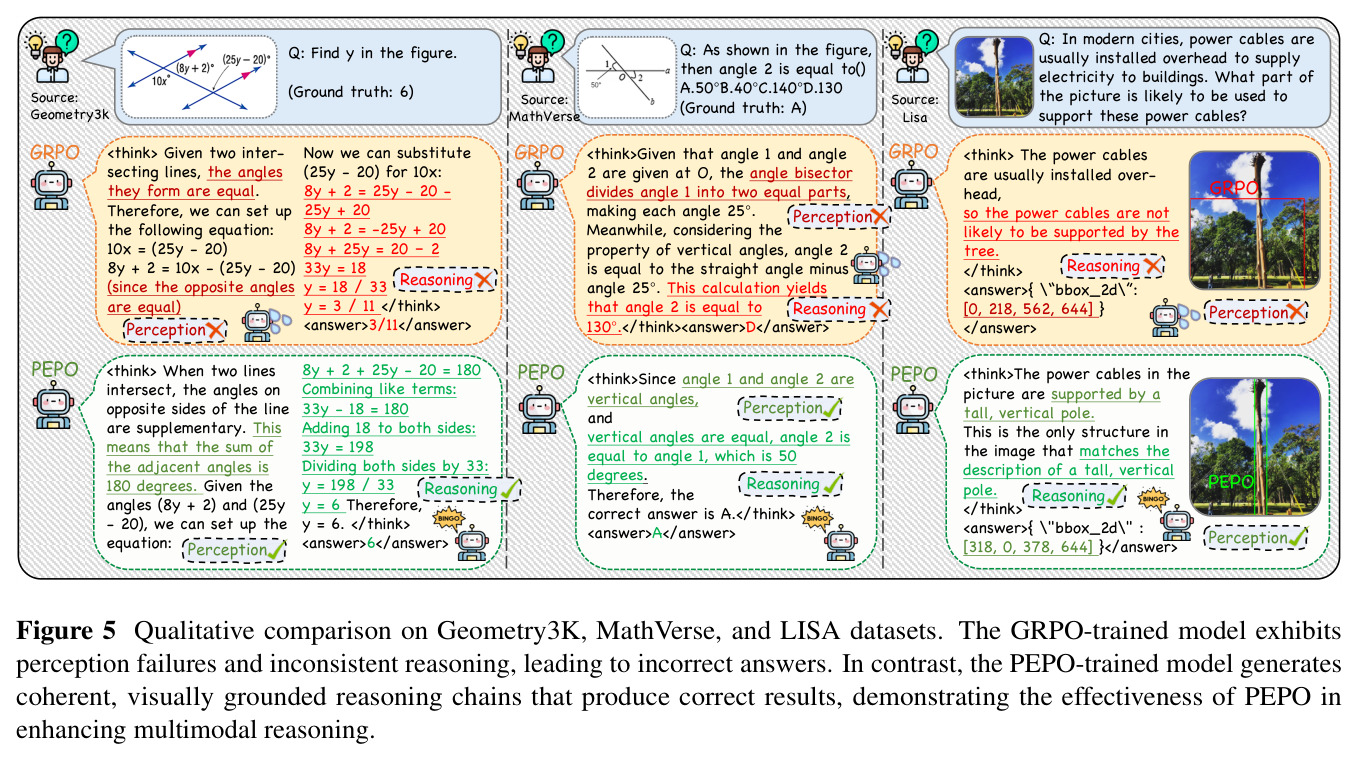 Geometry3K、MathVerse 和 LISA 数据集上的定性比较