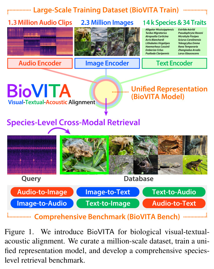We introduce BioVITA for biological visual-textual-acoustic alignment. We curate a million-scale dataset, train a unified representation model, and develop a comprehensive species-level retrieval benchmark.