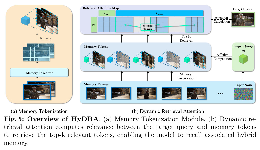 HyDRA详细结构：(a) 记忆token化模块，(b) 动态检索注意力