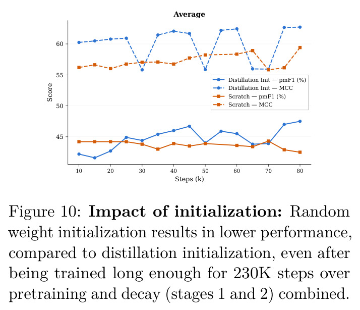 Impact of initialization: Random weight initialization results in lower performance, compared to distillation initialization.