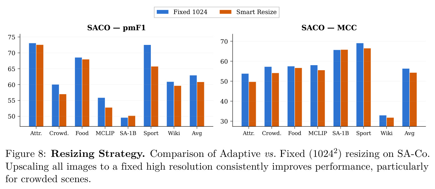Resizing Strategy. Comparison of Adaptive vs. Fixed (1024 squared) resizing on SA-Co.
