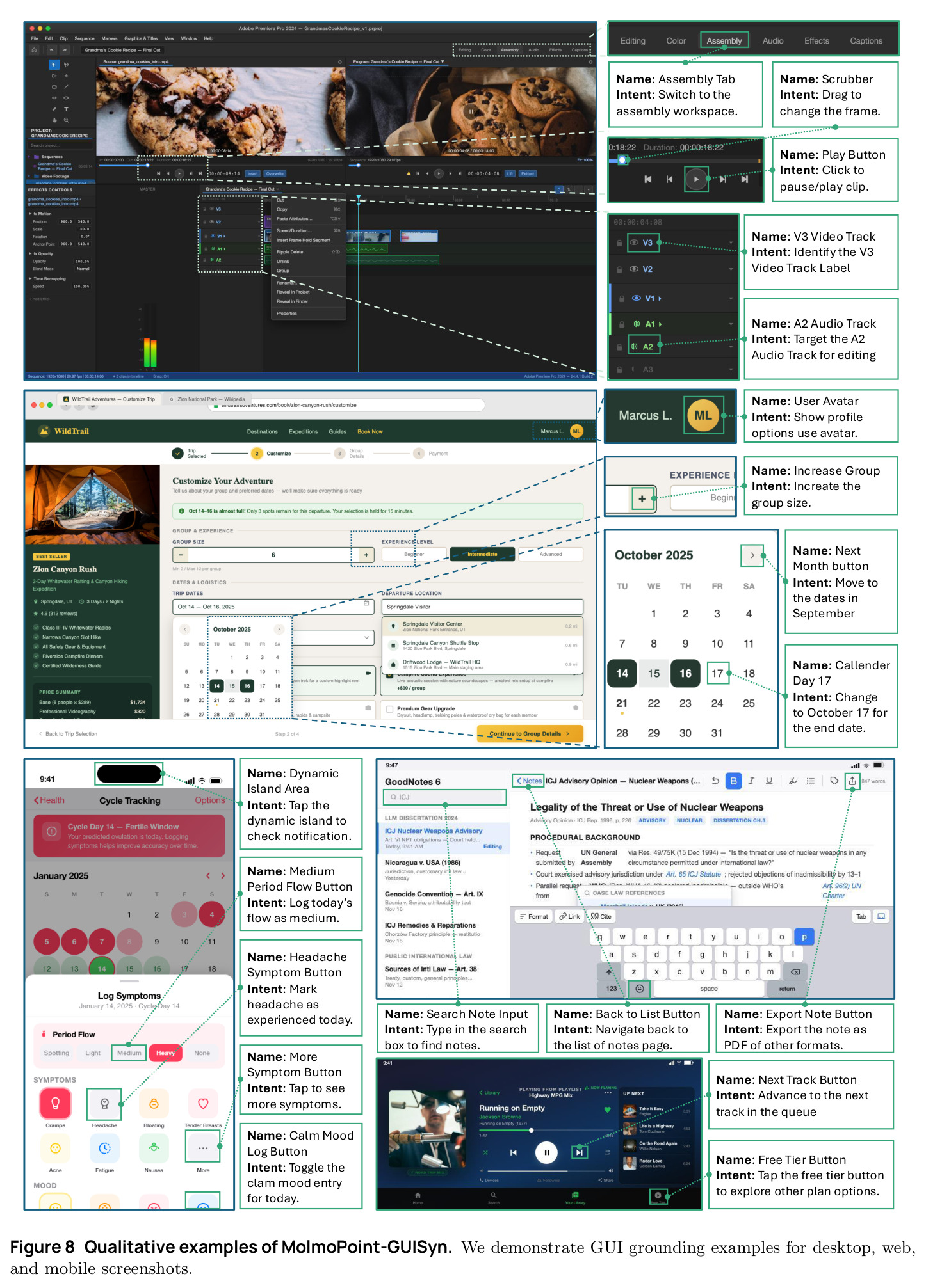 Qualitative examples of MolmoPoint-GUISyn. We demonstrate GUI grounding examples for desktop, web, and mobile screenshots.