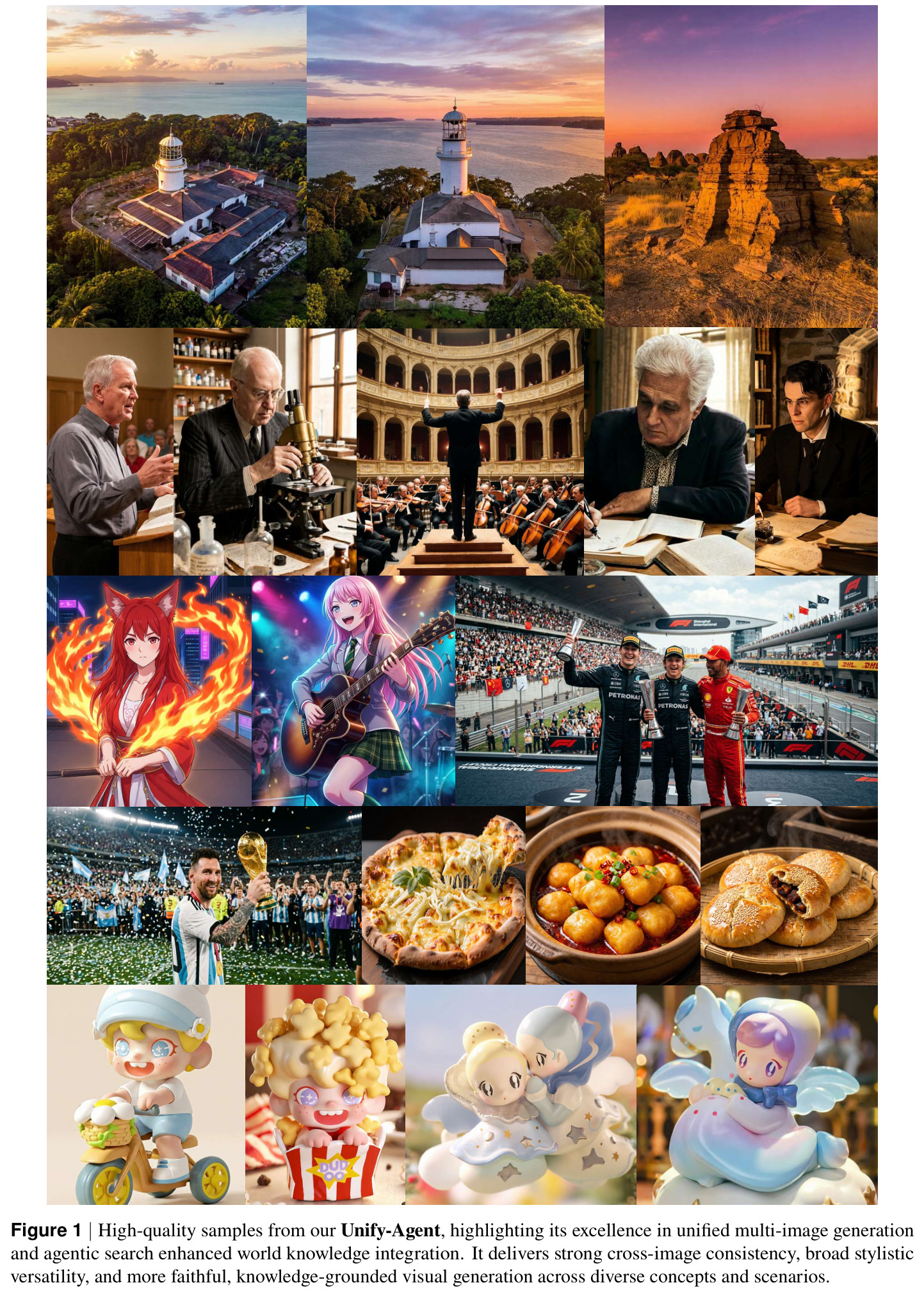 High-quality samples from our Unify-Agent, highlighting its excellence in unified multi-image generation and agentic search enhanced world knowledge integration.