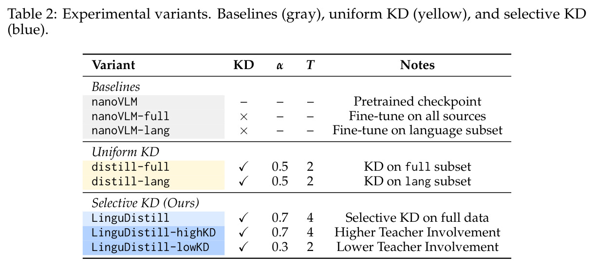 Experimental variants（10 种实验变体配置表）