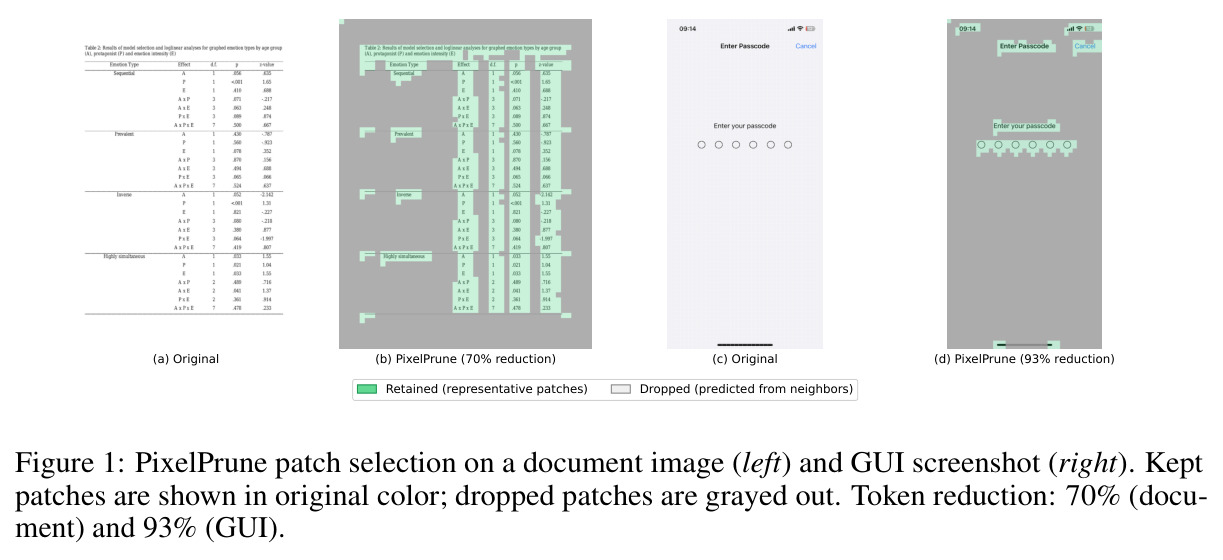 PixelPrune patch selection on a document image (left) and GUI screenshot (right)