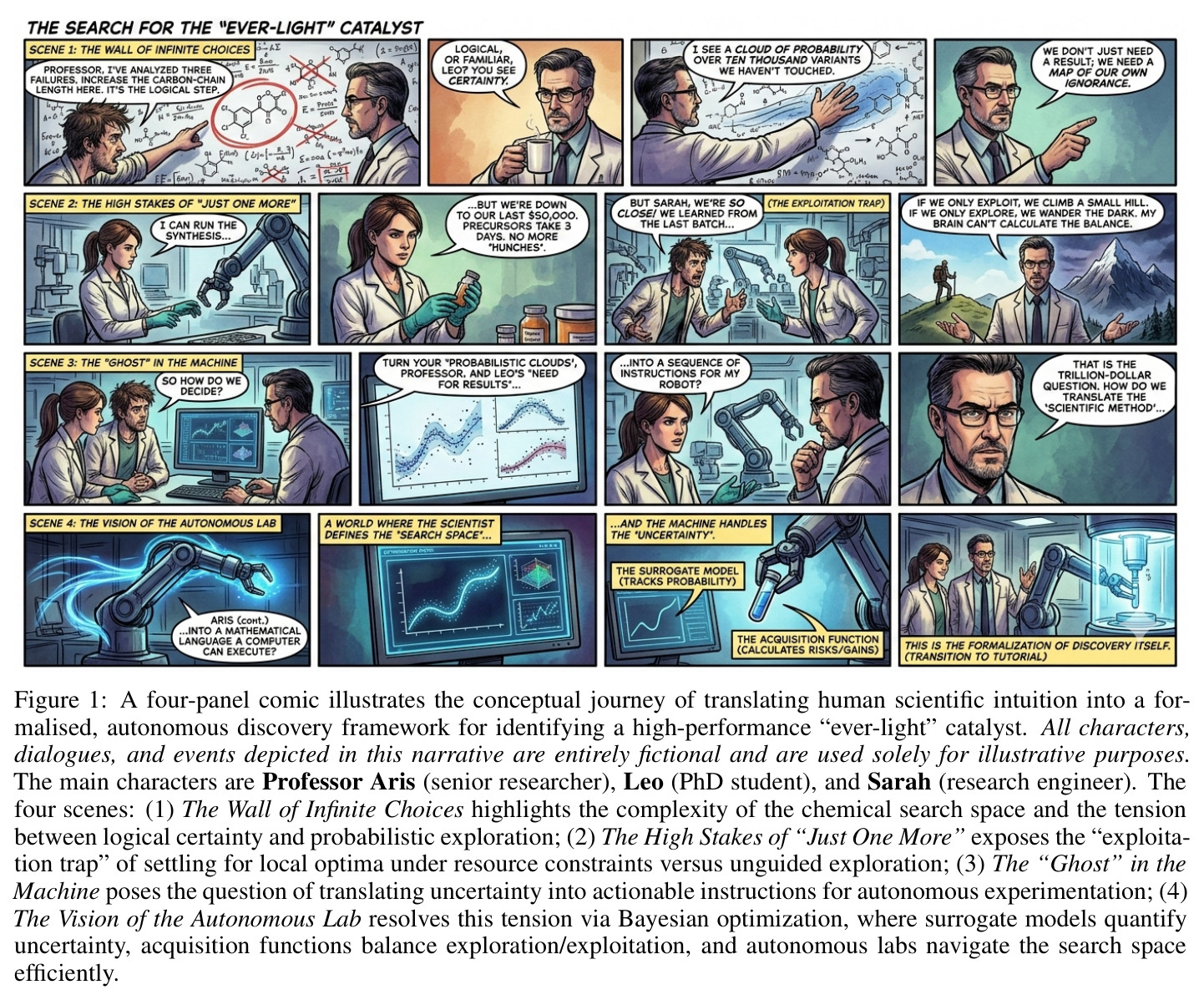 A four-panel comic illustrates the conceptual journey of translating human scientific intuition into a formalised, autonomous discovery framework for identifying a high-performance 'ever-light' catalyst.