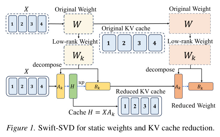 Swift-SVD for static weights and KV cache reduction.