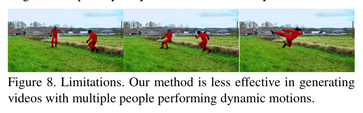 Limitations. Our method is less effective in generating videos with multiple people performing dynamic motions.