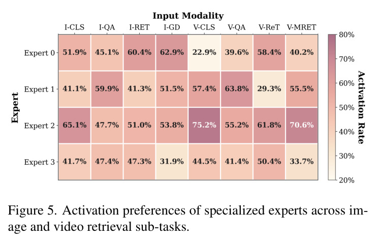 Activation preferences of specialized experts across image and video retrieval sub-tasks.