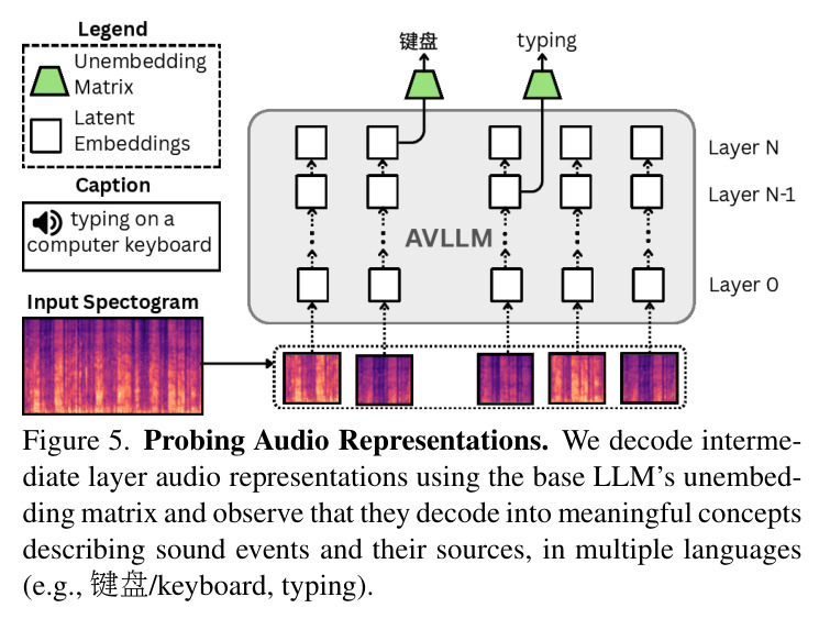 Probing Audio Representations. We decode intermediate layer audio representations using the base LLM's unembedding matrix and observe that they decode into meaningful concepts describing sound events and their sources, in multiple languages.