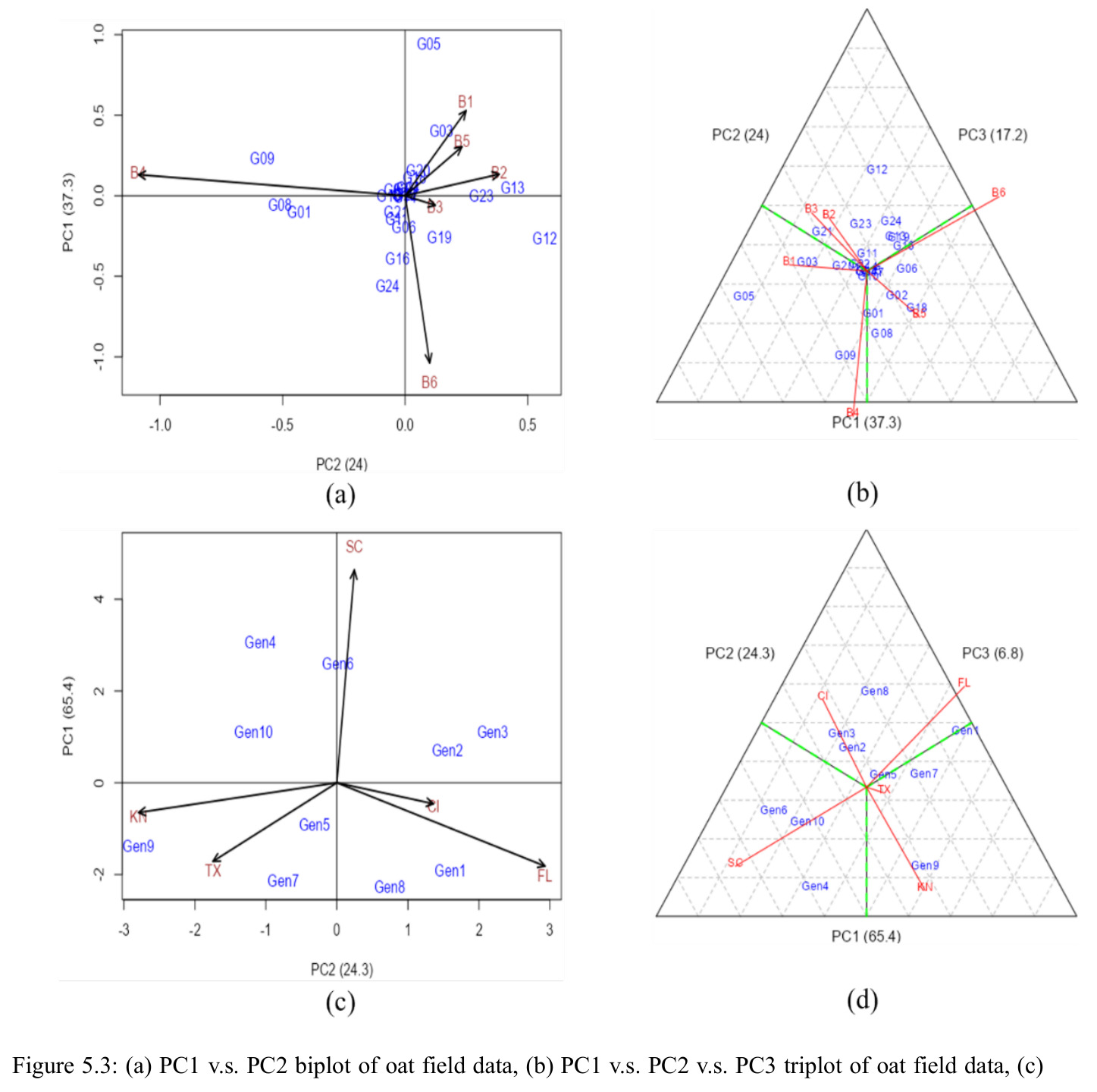 AMMI biplots: (a)(b) oat field data; (c)(d) watermelon breeding data