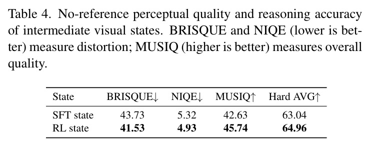 No-reference perceptual quality and reasoning accuracy of intermediate visual states. BRISQUE and NIQE (lower is better) measure distortion; MUSIQ (higher is better) measures overall quality.