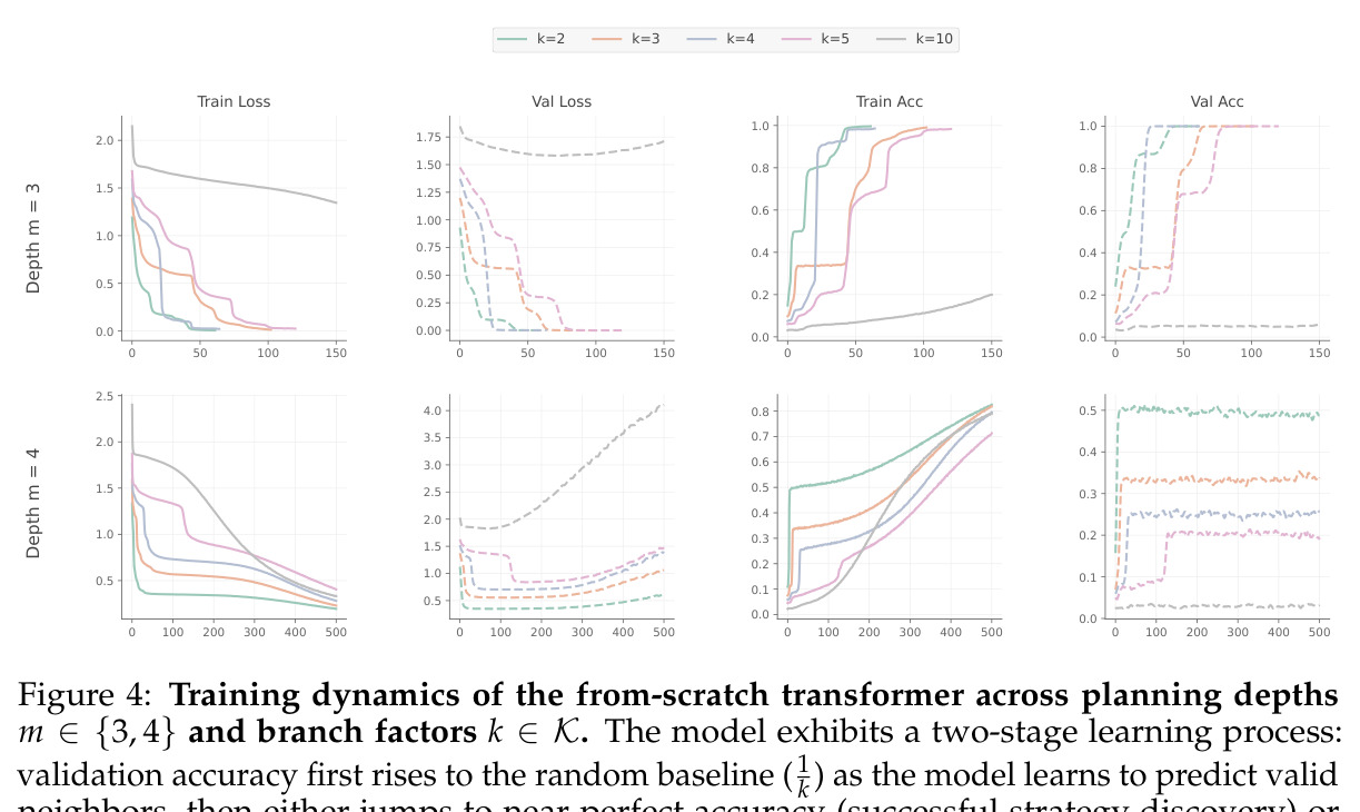Two-stage training dynamics of the from-scratch transformer.