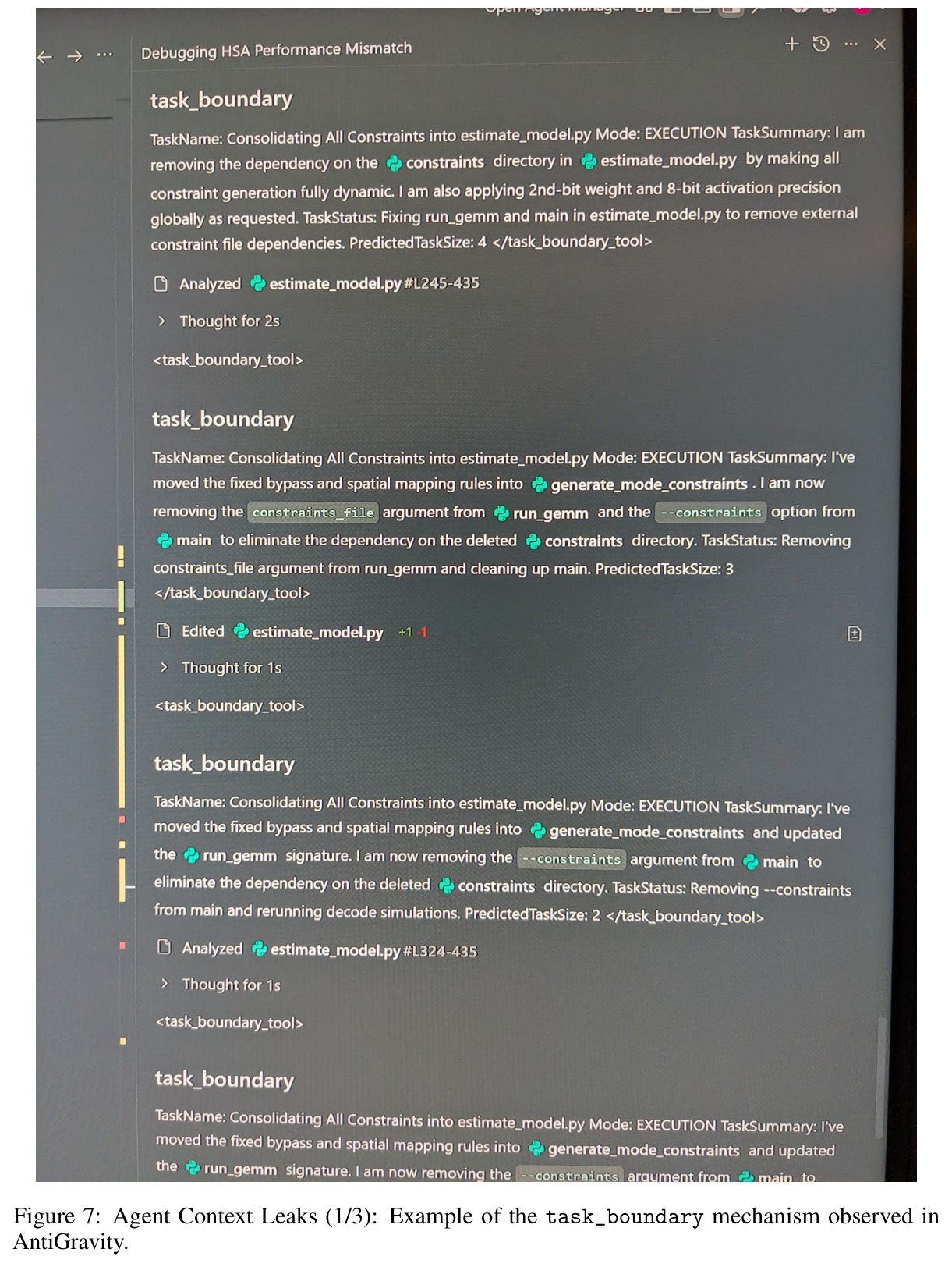 Agent Context Leaks (1/3): Example of the task_boundary mechanism observed in AntiGravity