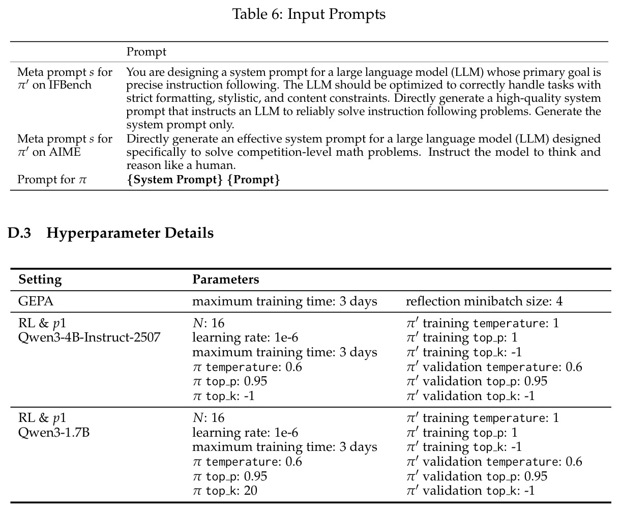 Hyperparameter details for RL/p1/GEPA.