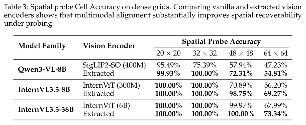 Spatial probe Cell Accuracy on dense grids. Comparing vanilla and extracted vision encoders.
