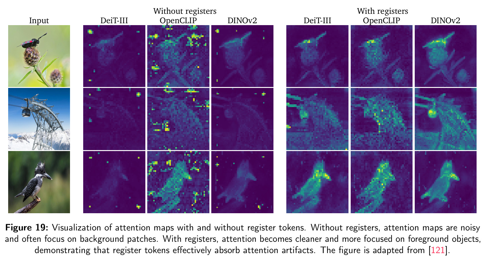 Attention maps with and without register tokens.