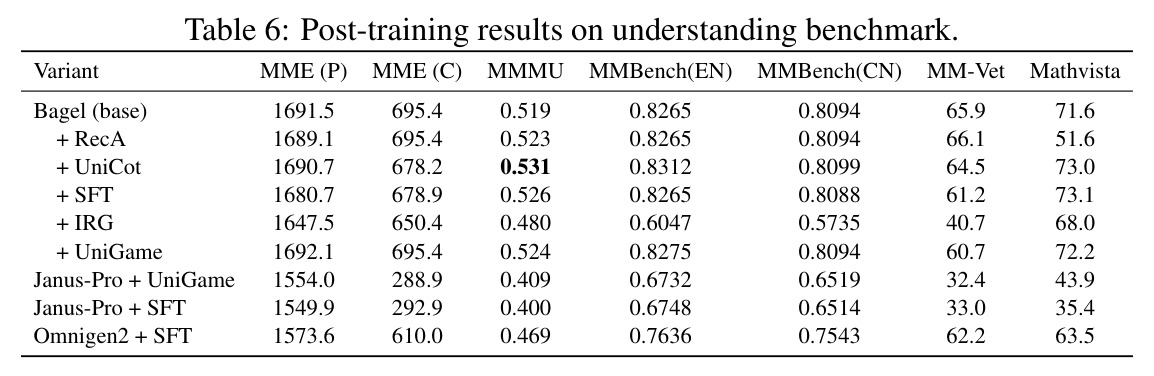 Post-training results on understanding benchmark.