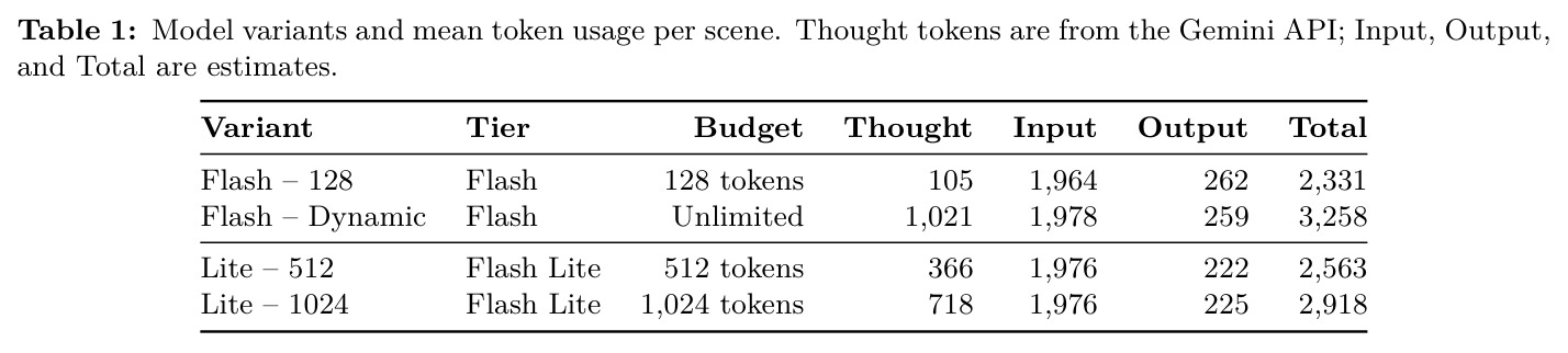Model variants and mean token usage per scene