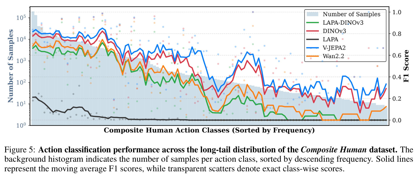 Action classification performance across the long-tail distribution of the Composite Human dataset