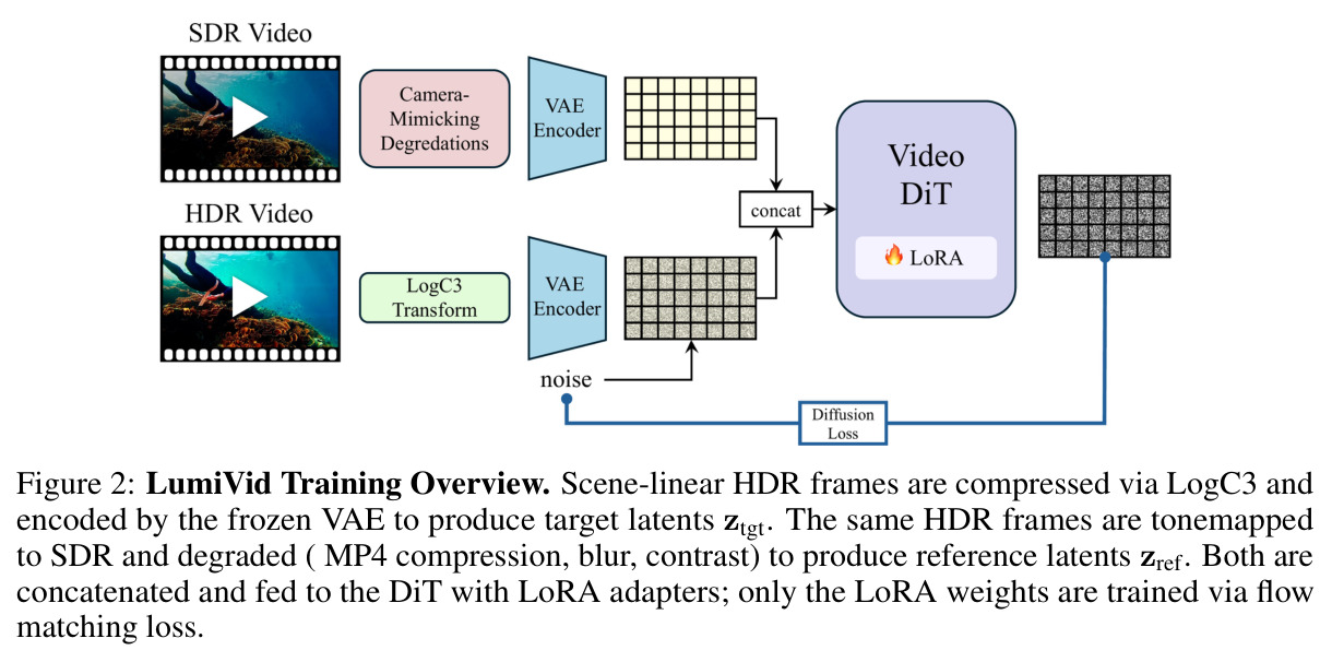 LumiVid Training Overview. 场景线性 HDR 帧经 LogC3 压缩并被冻结 VAE 编码为目标潜在向量 $z_{tgt}$；同一 HDR 帧经色调映射并退化（MP4 压缩、模糊、对比度）生成参考潜在向量 $z_{ref}$；两者拼接喂给带 LoRA 的 DiT，仅 LoRA 权重被流匹配损失训练。