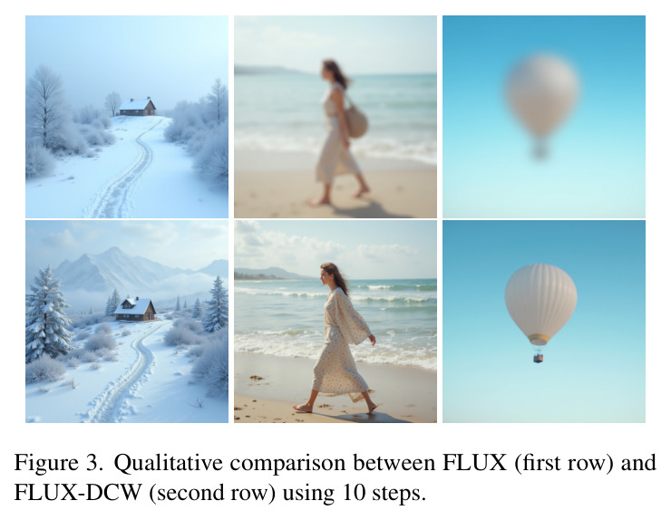 Qualitative comparison between FLUX (first row) and FLUX-DCW (second row) using 10 steps.