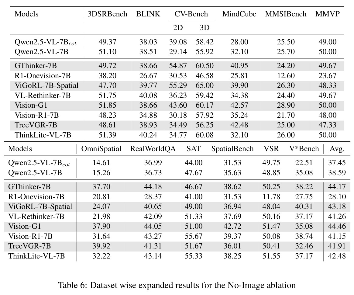 Dataset-wise expanded results for the No-Image ablation