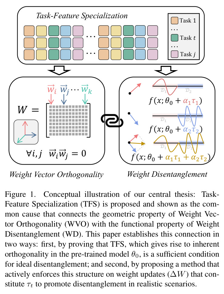 Conceptual illustration of our central thesis: Task-Feature Specialization (TFS) is proposed and shown as the common cause that connects the geometric property of Weight Vector Orthogonality (WVO) with the functional property of Weight Disentanglement (WD).