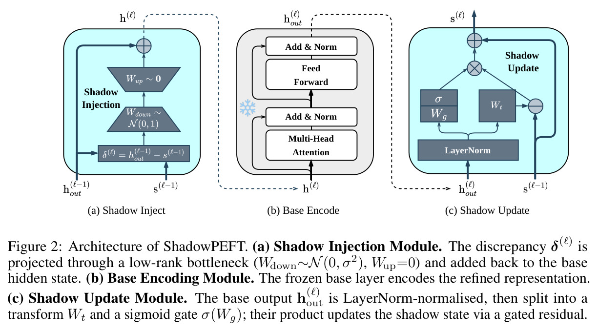 Architecture of ShadowPEFT. (a) Shadow Injection Module. (b) Base Encoding Module. (c) Shadow Update Module.