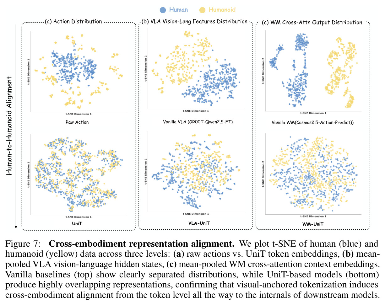 Cross-embodiment representation alignment. t-SNE of human vs humanoid across (a) raw actions vs UniT tokens, (b) VLA vision-language features, (c) WM cross-attention context.